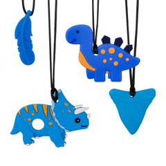 QINREN 4 Pcs Sensory Chew Necklaces, Food Grade Silicone Chewing Toys Set, Oral Motor Chewy Teether with Wearable Rope for Kids Boys Girls Teething, Anxiety, Biting Needs (Blue Dinosaur)