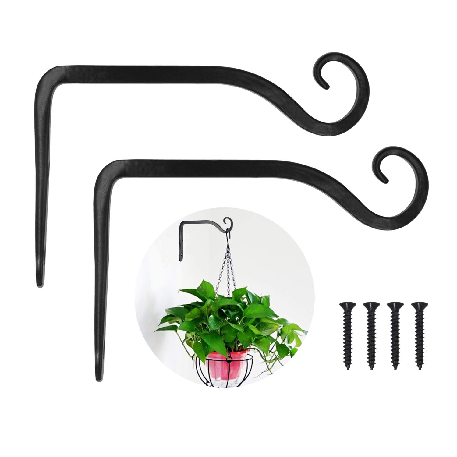 LOOGI Hanging Plant Bracket, Wall Hook Plant Hanger 6 Inch Decorative Hooks for Indoor Planter Lantern, Outdoor Bird Feeder Wind Chime, 2 Pack Black