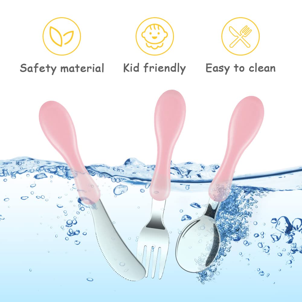 Vicloon Baby Fork and Spoon, 6 PCS Toddler Utensils Spoons Forks Tableware Set, Toddler Utensils Stainless Steel Baby Forks and Spoons, Baby Feeding Cutlery Utensil Weaning Spoon for Kids（Yellow/Pink）