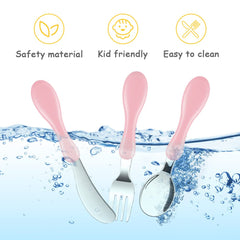 Vicloon Baby Fork and Spoon, 6 PCS Toddler Utensils Spoons Forks Tableware Set, Toddler Utensils Stainless Steel Baby Forks and Spoons, Baby Feeding Cutlery Utensil Weaning Spoon for Kids（Yellow/Pink）