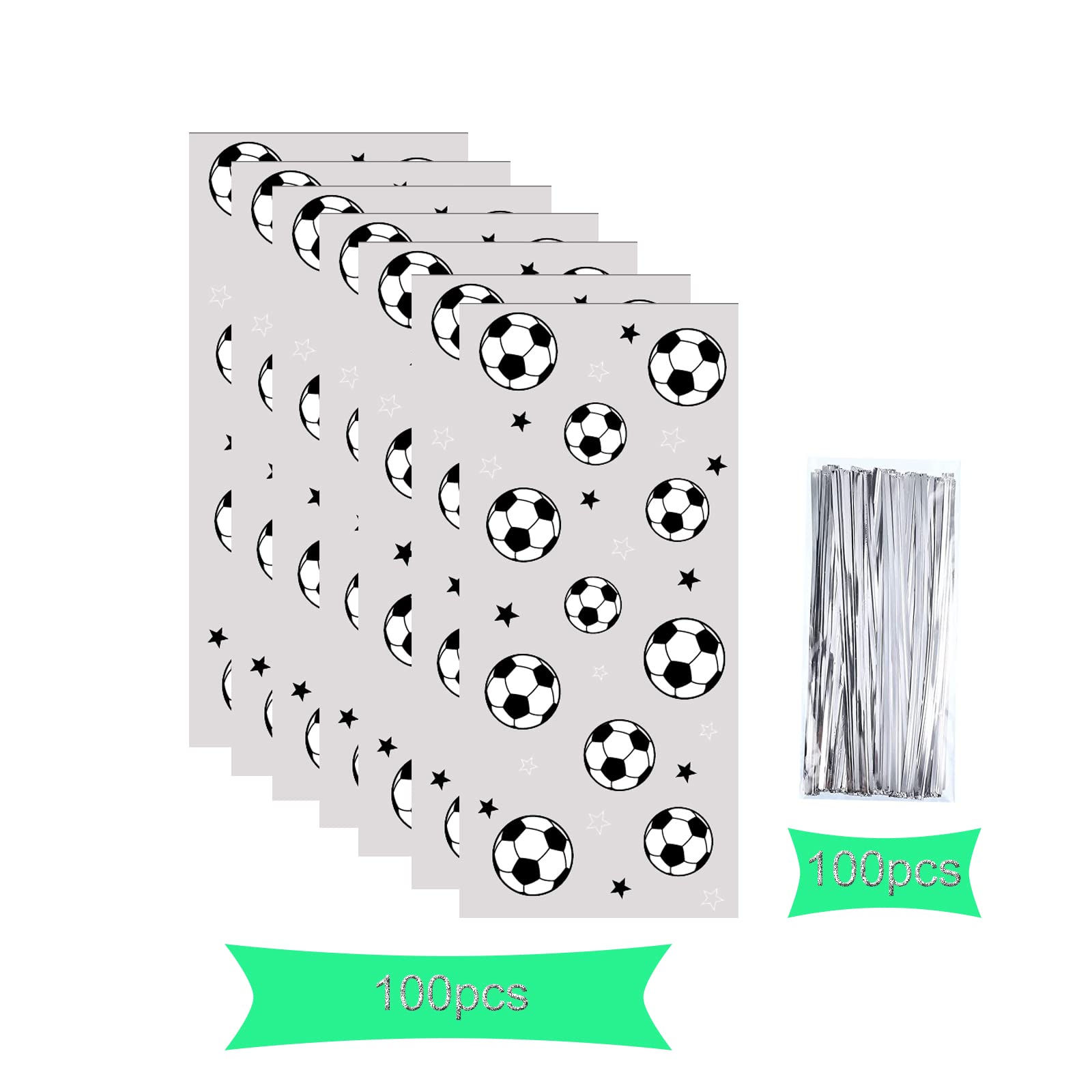 100 Pieces Clear Soccer Treat Bags Gift Bags, Soccer Party Favors Bags Soccer Cellophane Bag for Candy with 100 Pieces Silver Twist Ties