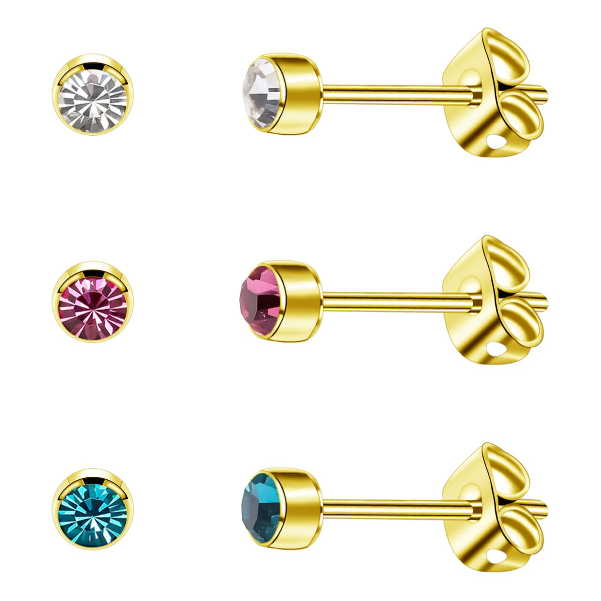 Artskin 3 Pairs/Set Women's Stud Earrings Titanium Girls' Earrings Hypoallergenic Crystal Men's Earrings 5mm Nickel Free Gold Plated Earrings Studs Birthday Mothers' Day Gift