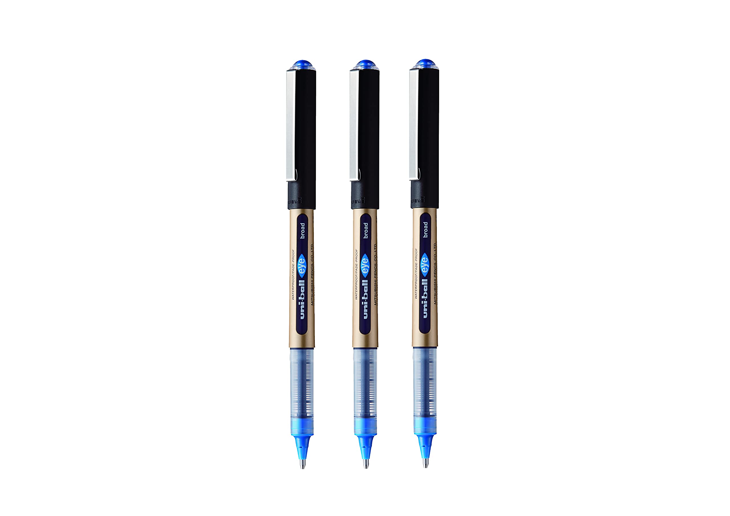 Uni-Ball UB-150-10 Eye On Point Stay Gold Broad Ballpoint Blue Pens. Premium 1.0mm Rollerball Tip for Super Smooth Handwriting. Fade and Water Resistant Liquid Uni Super Ink. Pack of 3