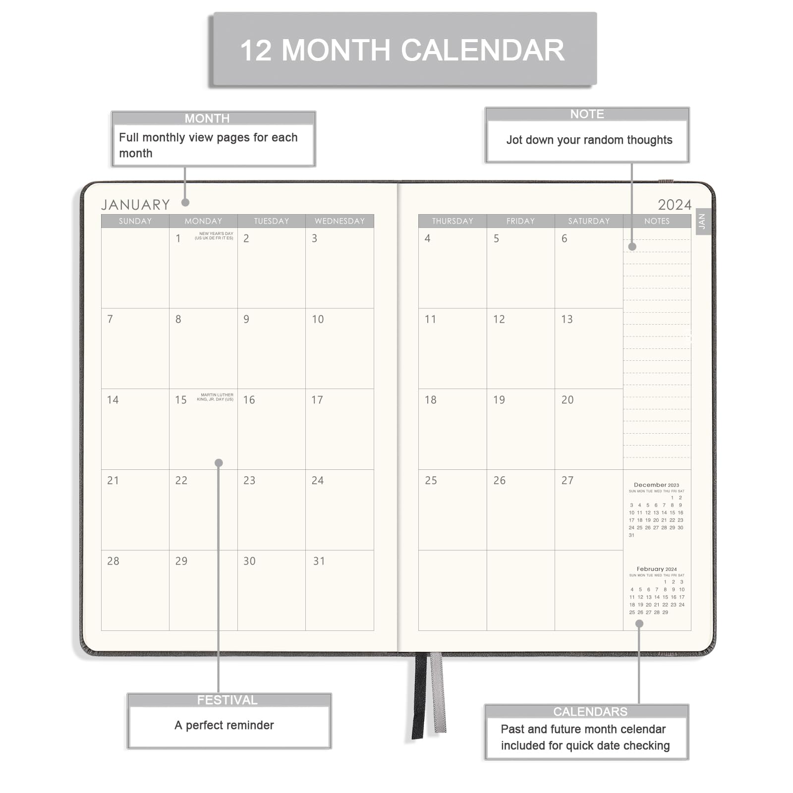 Diary 2024 - Diary 2024 A5 Week to View from January 2024 to December 2024, 14.6 X 21 cm, A5 Premium Thicker Paper with Pen Holder, Inner Pocket and 40 Notes Pages