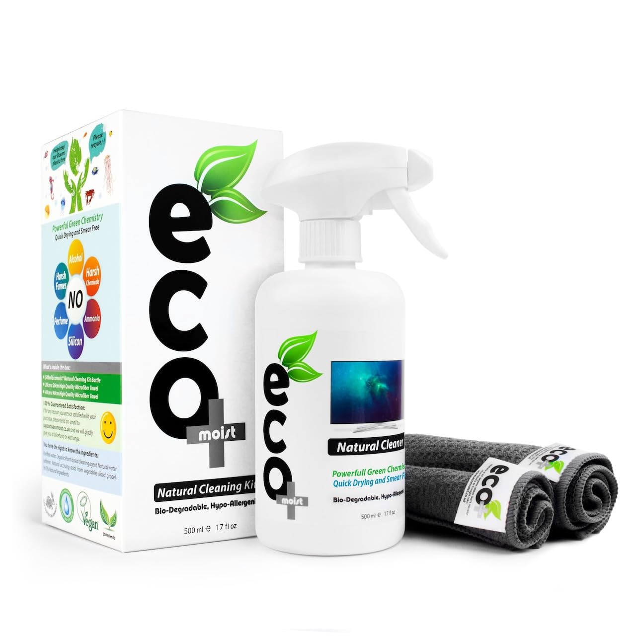 Ecomoist Screen Cleaner 500ml with two Microfibre Towels 40x40cm and 20x20cm Ecofriendly Cleaning Best for LCD LED HDTV Computer Monitors TV iPad iPhone Tablet Smartphone Laptops (500ml)