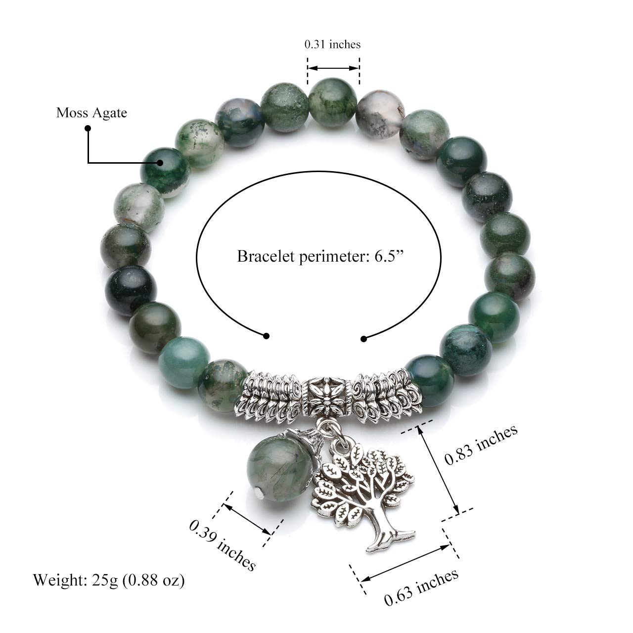 JSDDE Moss Agate Crystal Bracelet Reiki Healing Crystal Gemstone Beads Bracelet with Tree of Life Charm Bracelets for Women