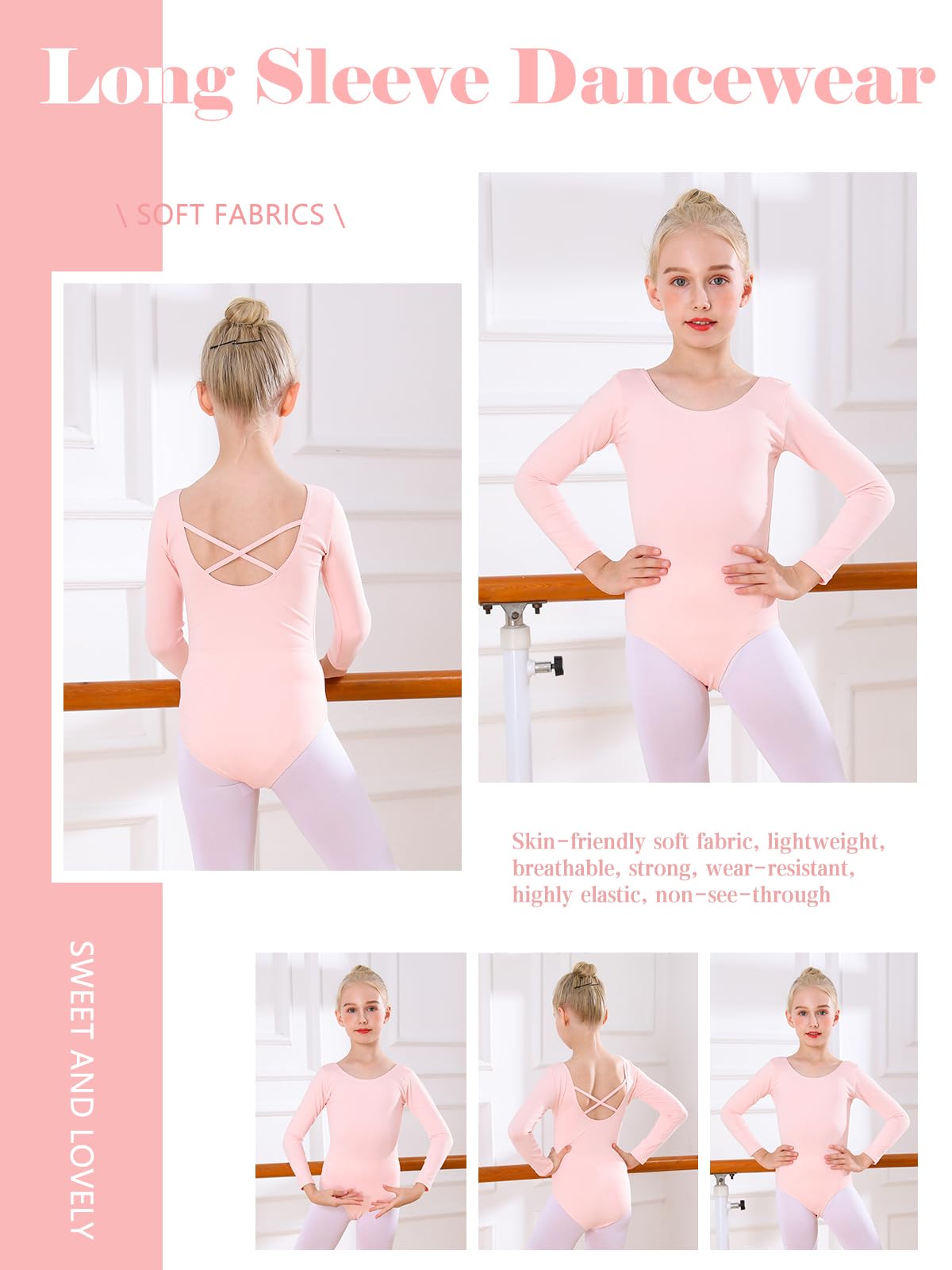 Bezioner Ballet Leotard for Girls,Gymnastics Leotards Long Sleeve Dance Outfit for Kids Pink 140