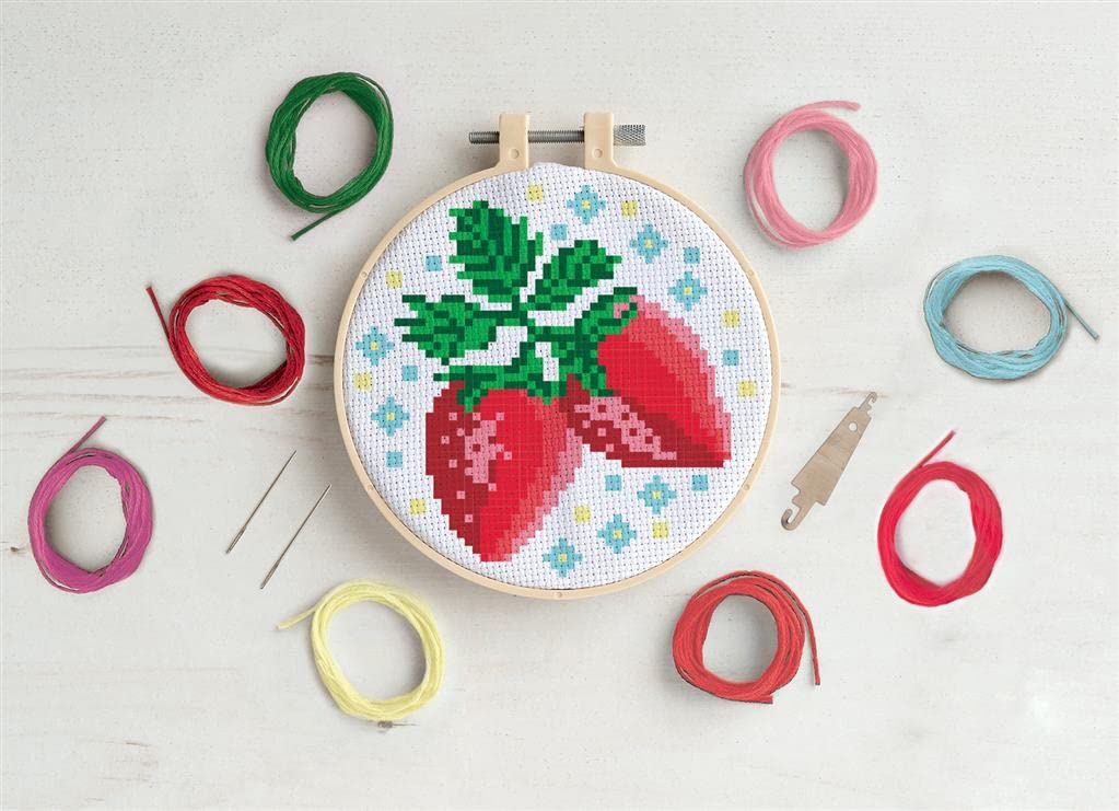 Simply Make docrafts Cross Stitch Hoop Embroidery Kit, Strawberries, DIY Make Your Own Craft Set, for Adults, Older Children, Kids, Beginners, Experienced Crafters, Perfect Hobby