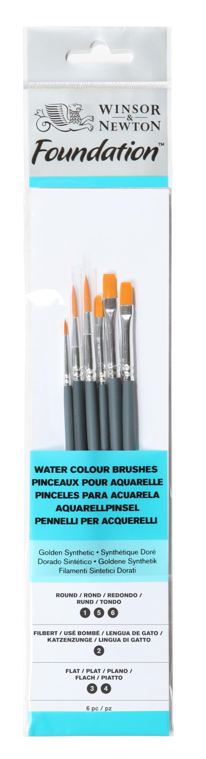 Winsor & Newton Foundation Water Colour Short Handle 6 Pack Brush, Wood, Multicoloured, 7 x 1 x 4.3 cm