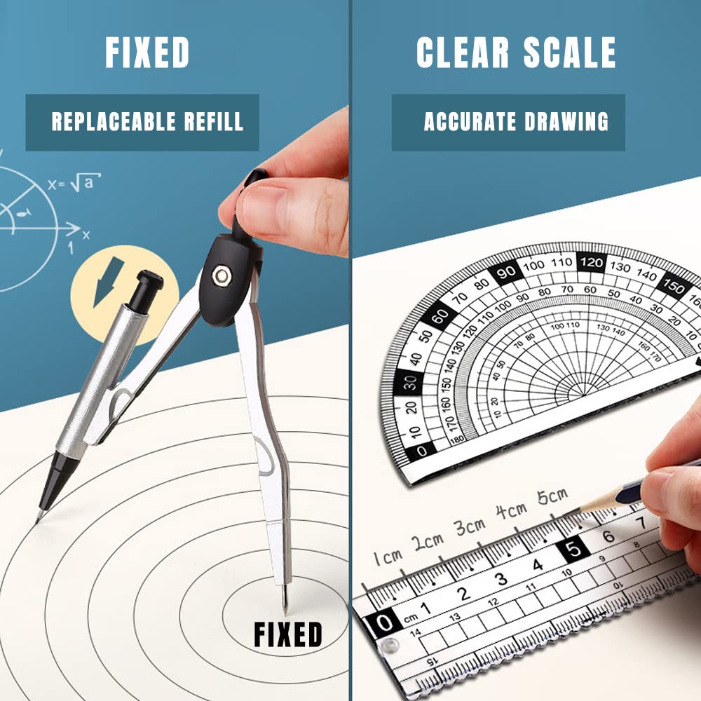 MHwan Maths Set, Metal Durable Outer Box Geometry Sets, Protractor and Compass Set with Ruler Protractor Eraser, for School Students Maths and Home Education (Black)