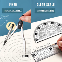 MHwan Maths Set, Metal Durable Outer Box Geometry Sets, Protractor and Compass Set with Ruler Protractor Eraser, for School Students Maths and Home Education (Black)