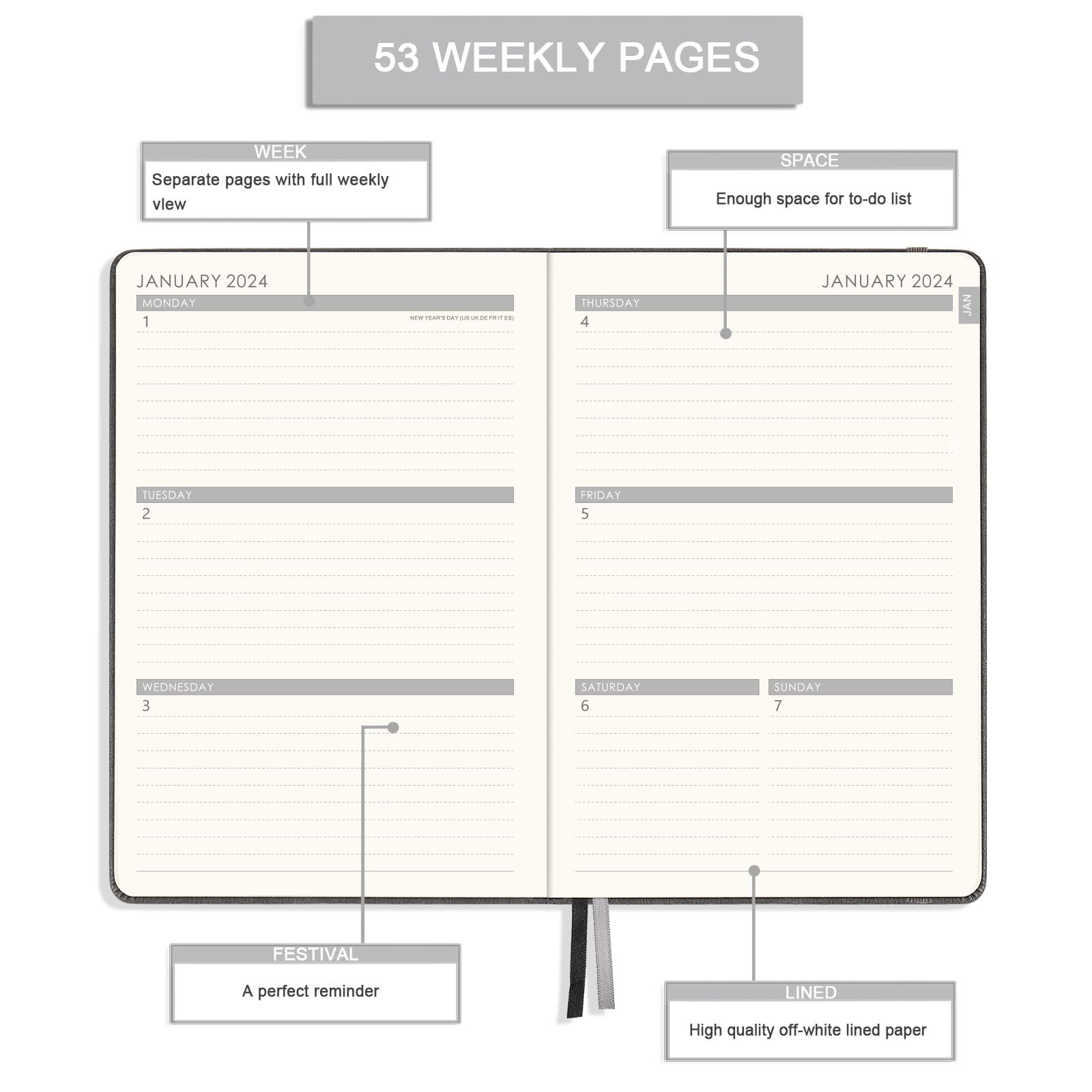 Diary 2024 - Diary 2024 A5 Week to View from January 2024 to December 2024, 14.6 X 21 cm, A5 Premium Thicker Paper with Pen Holder, Inner Pocket and 40 Notes Pages