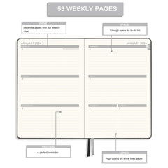 Diary 2024 - Diary 2024 A5 Week to View from January 2024 to December 2024, 14.6 X 21 cm, A5 Premium Thicker Paper with Pen Holder, Inner Pocket and 40 Notes Pages