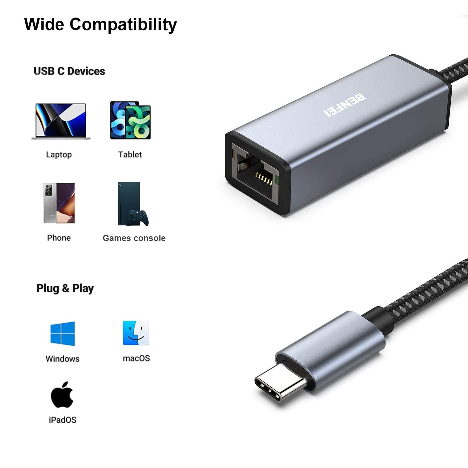 BENFEI USB C to Ethernet Adapter, Type-C (Thunderbolt 3) to RJ45 Gigabit 1000 Mbps Ethernet Adapter Compatible for iPhone 15 Pro/Pro Max, MacBook Pro 2019/2018/2017, MacBook Air and More