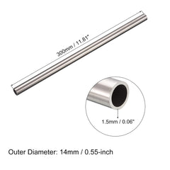 sourcing map 304 Stainless Steel Tube, OD 14mm x 1.5mm Wall Thick 300mm Length Metal Tubing for Industry Machinery, 2Pcs