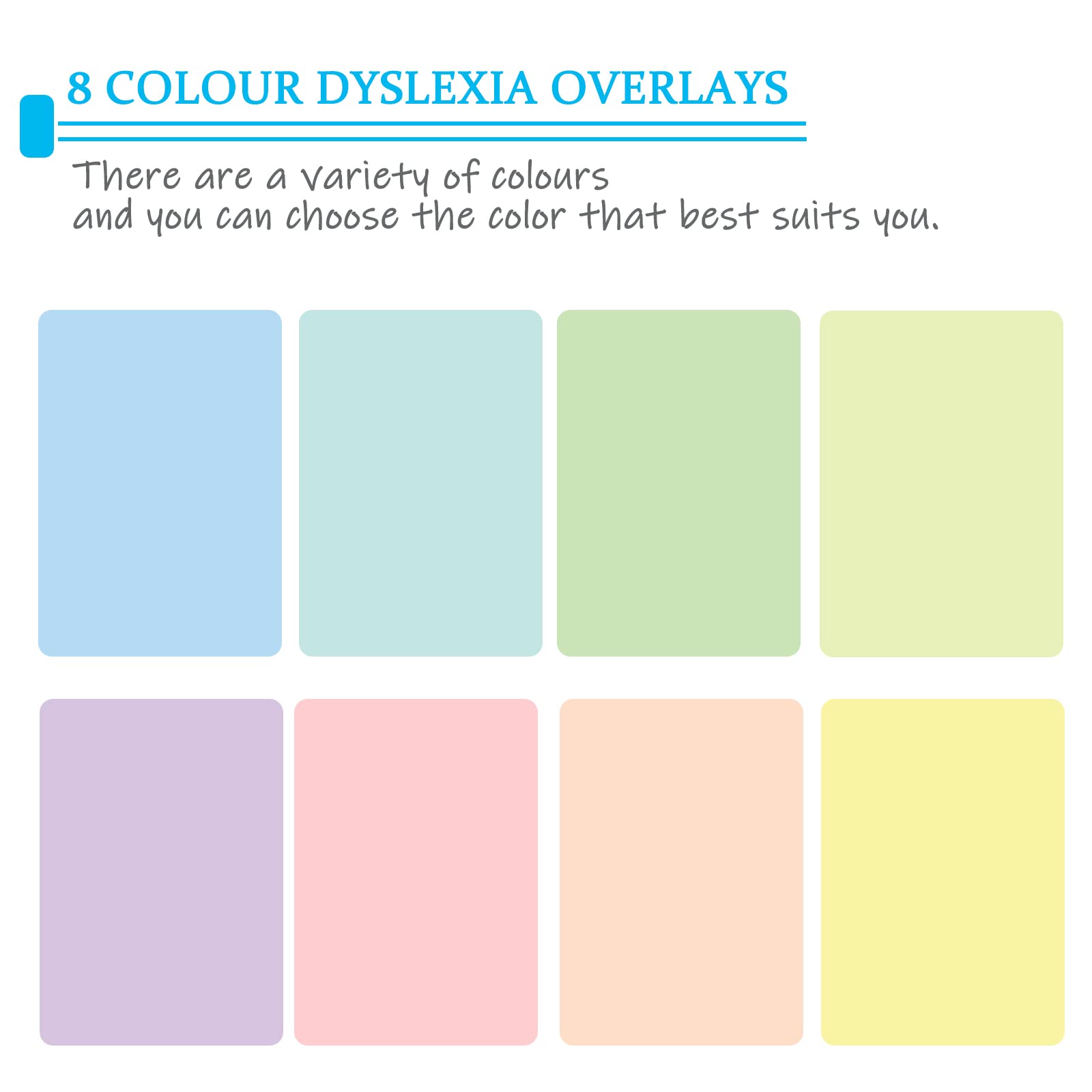 Wendergo 8x A4 Colour Overlays for Dyslexia, Dyslexia Reading Overlays Aid, Light Coloured Plastic Guided Reading Overlays for Dyslexia, ADHD, Irlens Syndrome, Reduce Visual Stress