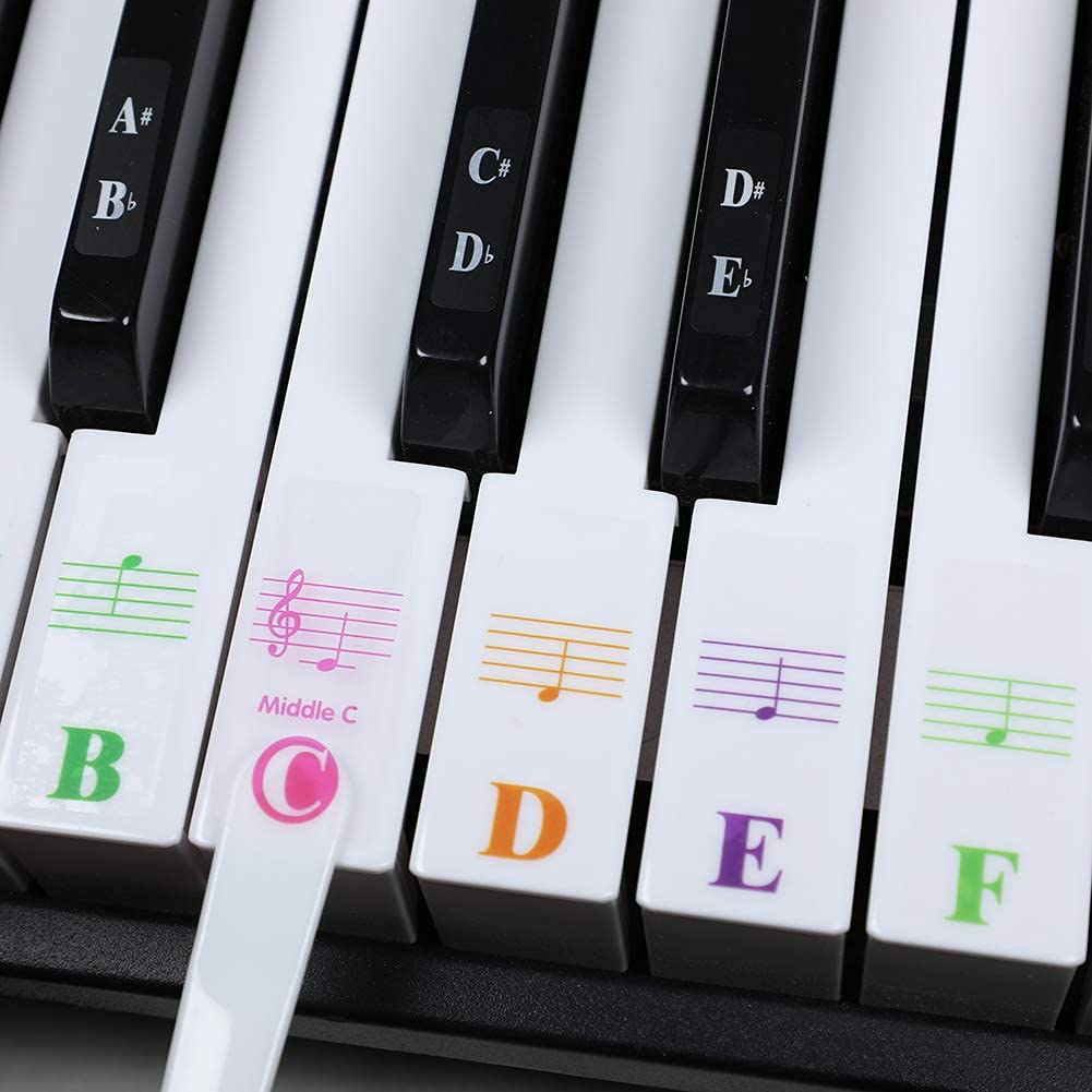 Piano Stickers, Piano Key Stickers for 88/61/54/49/37 Key Full Set for White and Black Keys, Color Bigger Letter-Thinner Transparent Removable Material with Cleaning Cloth