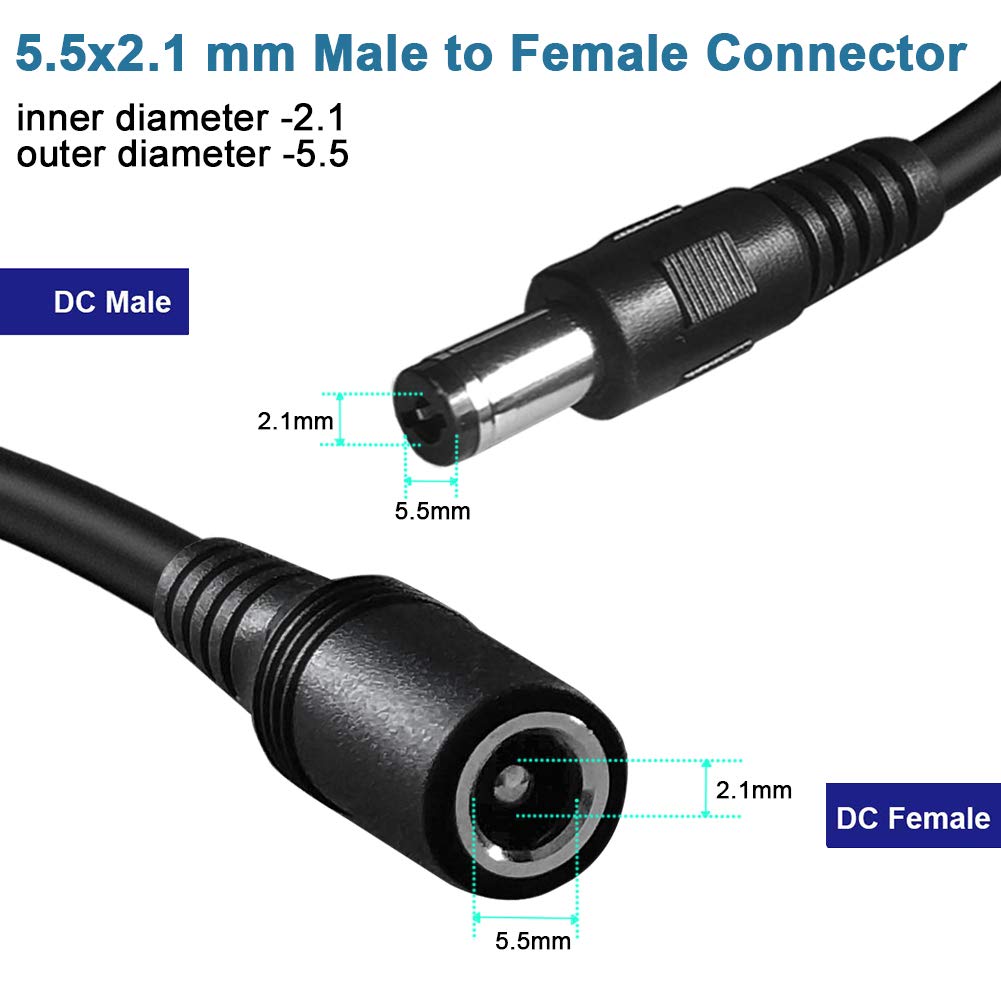 SIOCEN 33FT DC Power Extension Cable 2.1mm x 5.5mm,12v Power Supply Adapter for CCTV Security Camera Surveillance IP Camera Dvr Standalone LED Strip,Car,Long Male to Female Barrel Plug Cord