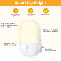 Night Light Plug in Walls, Night Light with 5 Levels of Brightness and Dusk to Dawn Photocell Sensor, Night Light Kids for Children's Room, Stairs, Hallway, Bedrooms, Garage, Warm White