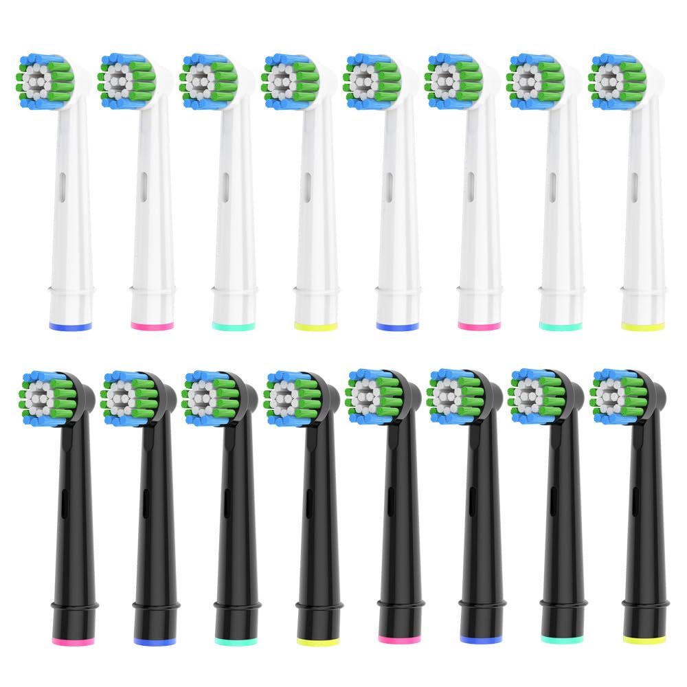 16 Count Replacement Toothbrush Heads Compatible for Braun Oral B Electric Toothbrush. 8pcs White and 8pcs Black.