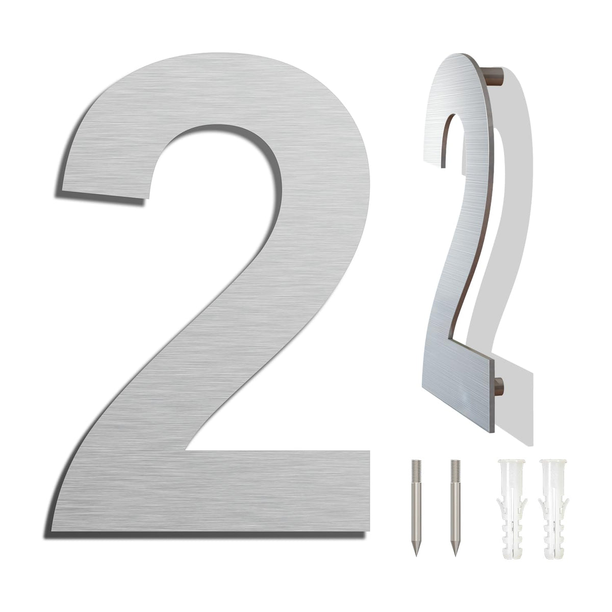 Large Brushed Modern House Number -8 Inch 203mm Height, Made of Solid 304 Stainless Steel, Floating Appearance and Easy to Install (Number 2 Two)