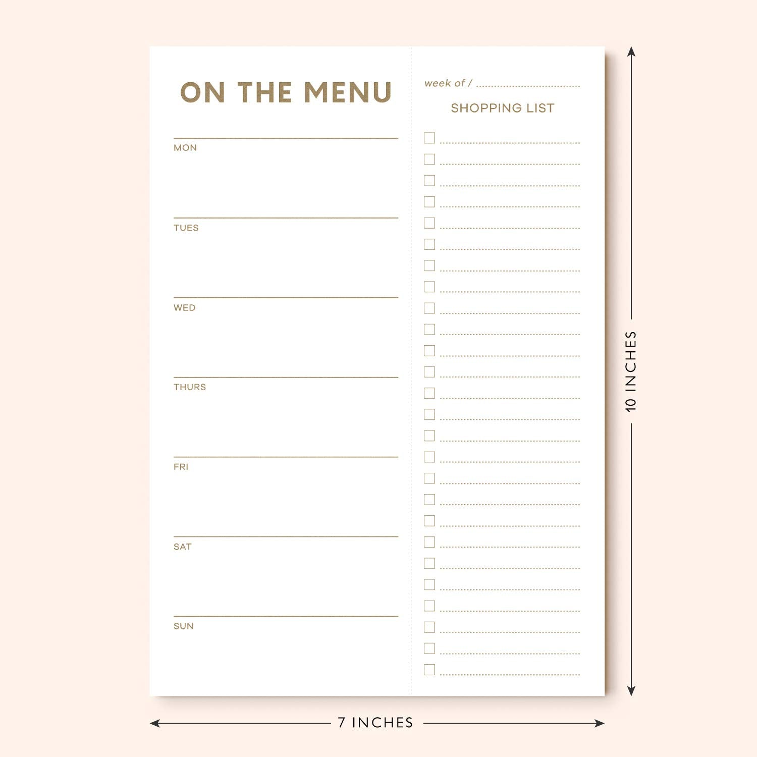 Sweetzer & Orange Meal Planner Notepads - Gold Print Notepad Organiser for Weekly/Daily Food Planning - Tear-Off Grocery Shopping List, 2 Magnets for Hanging on Refrigerator Door - 17x25cm, 52 Sheets