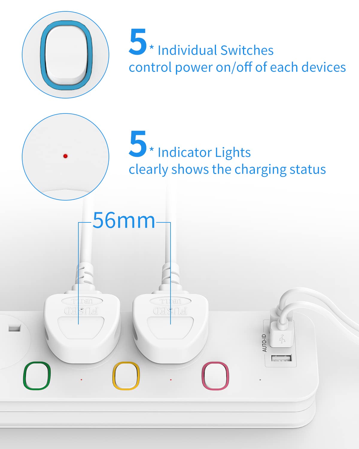 Mscien Extension Lead with USB Slots, 4 Way 3 USB Extension Socket with Individual Switches Mountable Overload Ptotection Power Strips with 1.8M Extension cable 3250W