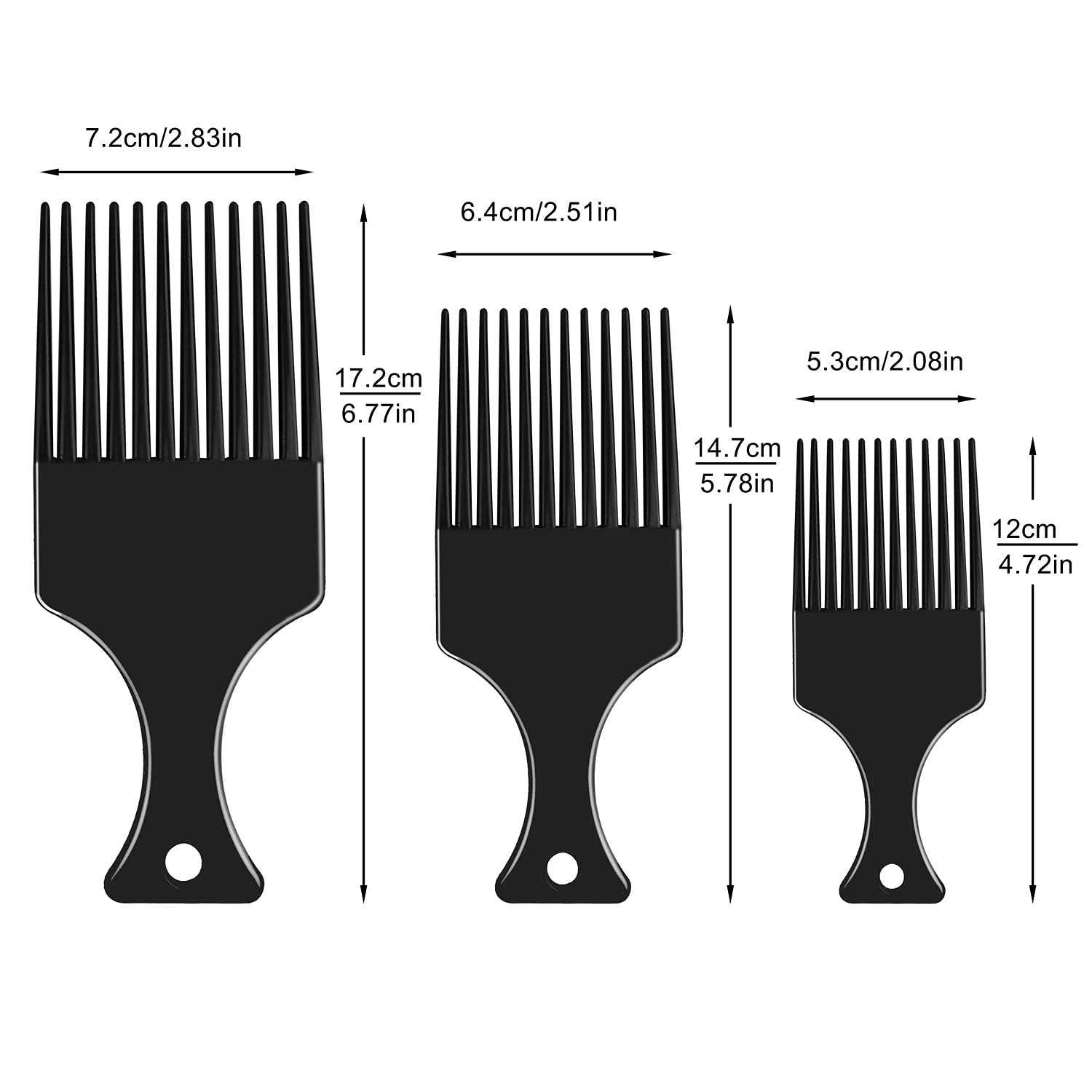 3 Sizes Afro Combs Set, Black Plastic Afro Hair Comb Hair Pick Comb Wide Tooth Comb Hairdressing Styling Tool for Natural Curly Hair Style