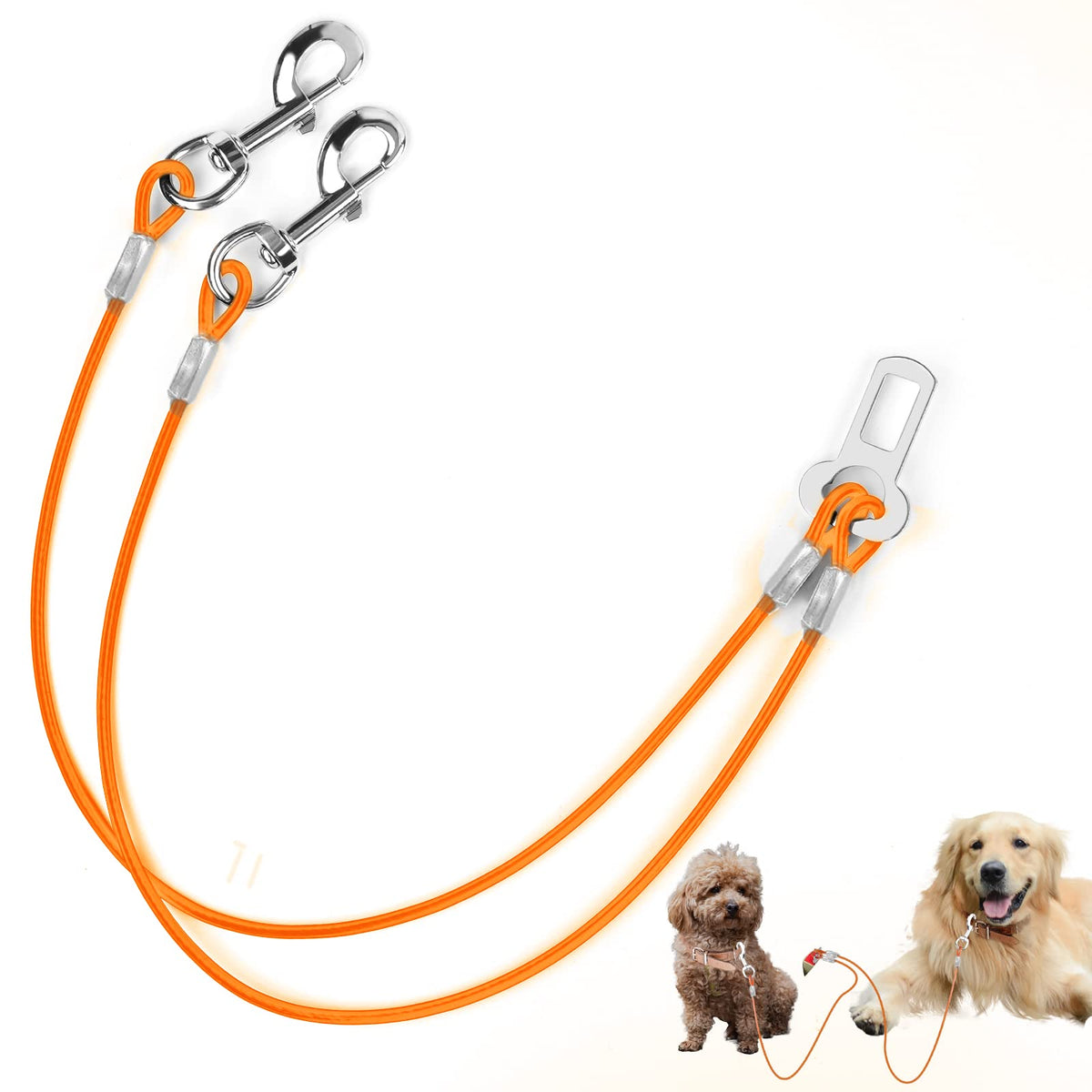 Mi Metty Double Dog Seat Belt,2 in 1Dog Car Harness Made of Coated Wire Rope Safety Restraint No-Chew Tether Cable Stainless Steel. Vehicle Harnesses with Latch Attachment