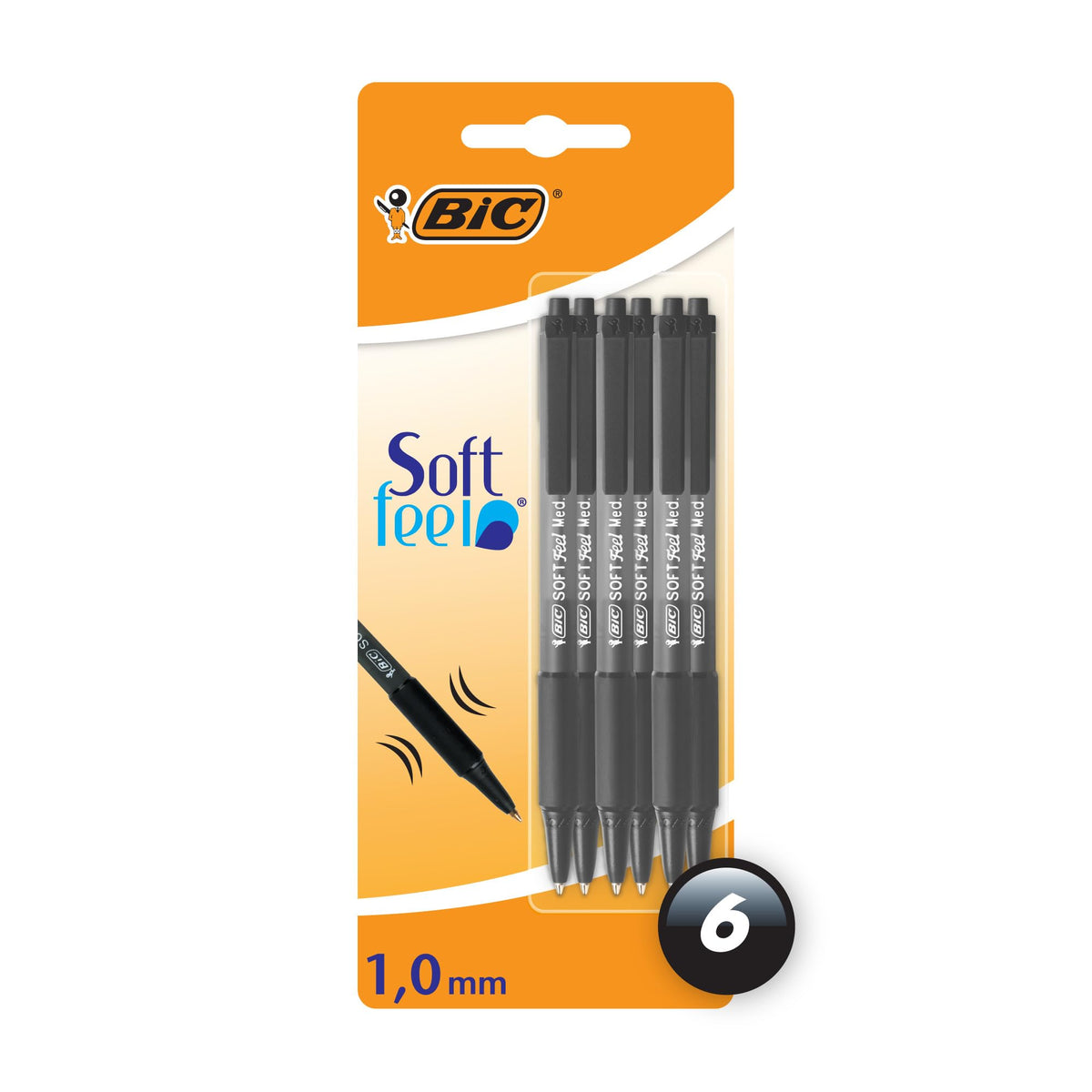 Bic Soft Feel Ballpoint Pens, Retractable Pens, Ideal for School and Office, Medium Point (1.0 mm), Black, Pack of 6