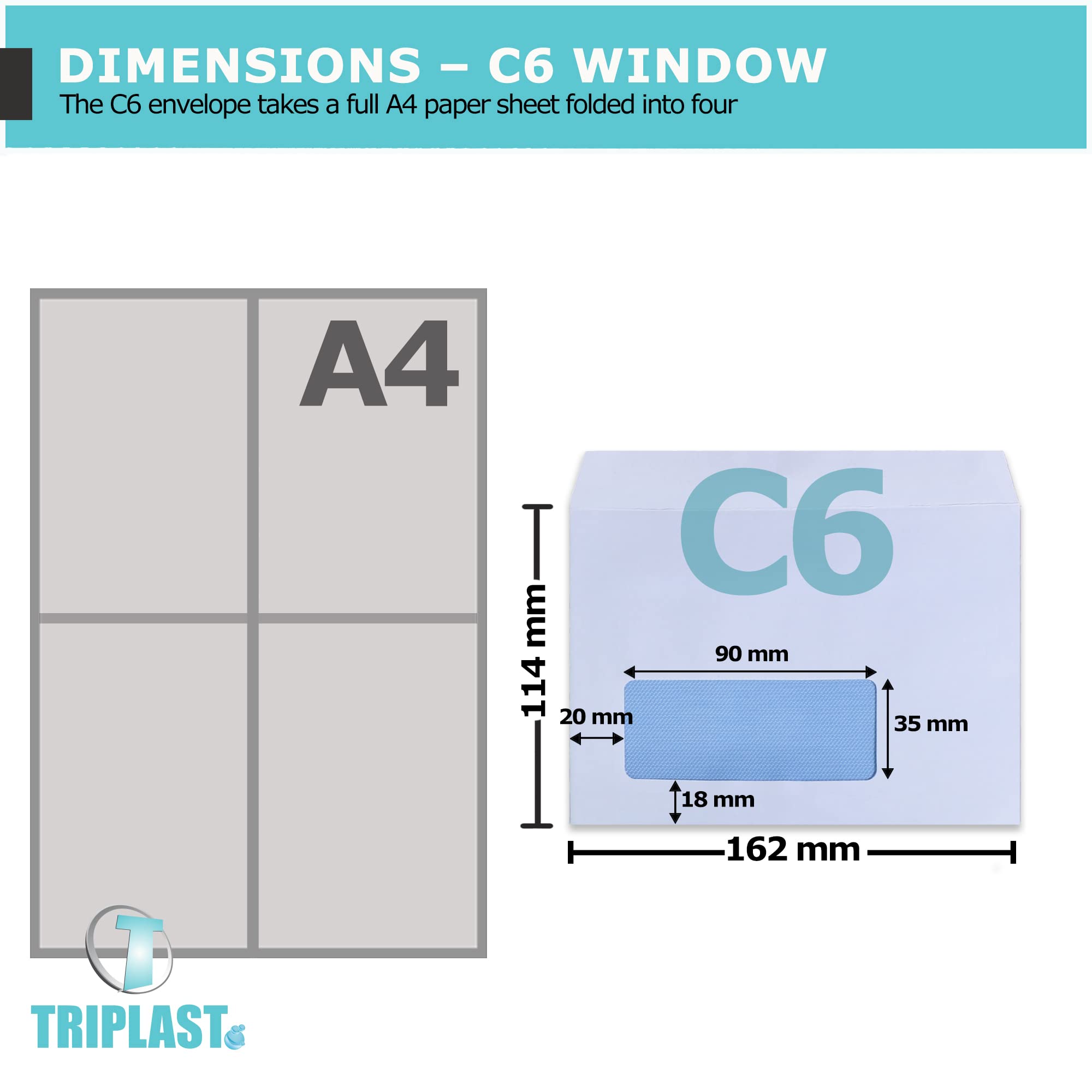 Triplast 20 x C6 Window Self Seal Security Envelopes (Size: 114x162mm)   Address Window, Self Sealing & Printer Safe Mailing Paper Envelopes   Ideal for Everyday Home, Office & Commercial Use