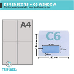 Triplast 20 x C6 Window Self Seal Security Envelopes (Size: 114x162mm)   Address Window, Self Sealing & Printer Safe Mailing Paper Envelopes   Ideal for Everyday Home, Office & Commercial Use