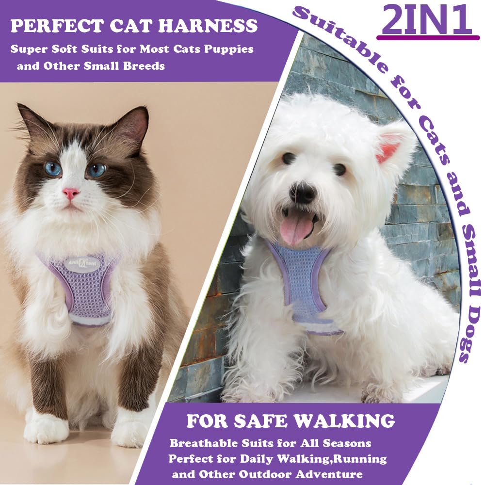 Anlitent Soft Breathable Step In Dog Harness Set for Medium Sized Dogs, No Pull Dog Harness Leash for Outdoor Jogging Training Cute Dog Collar Girl Up to 15lbs (Large, Light Purple)