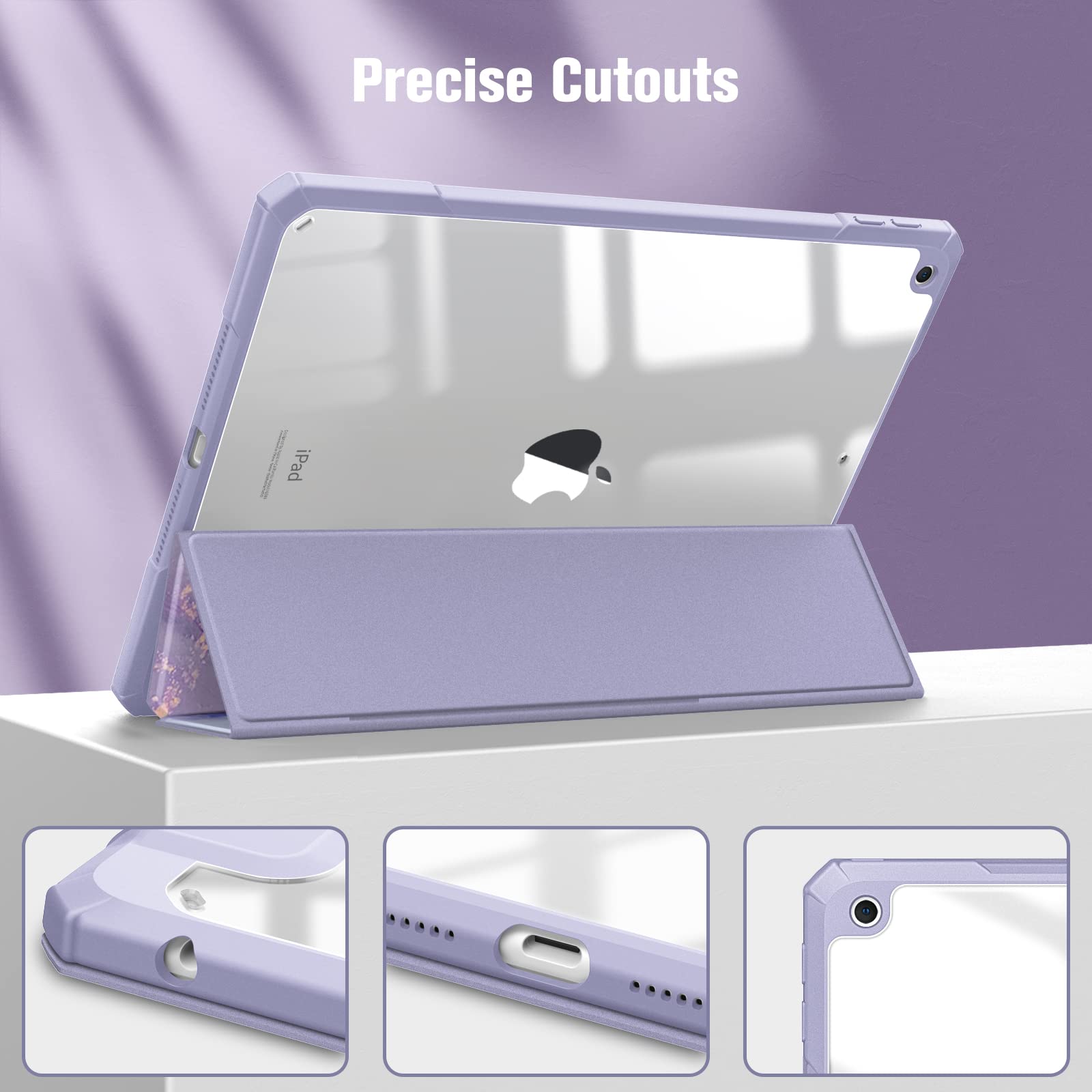 FINTIE Hybrid Case Compatible with iPad 9th/8th/7th Generation (2021/2020/2019 Model, 10.2 inch) - Shockproof Cover with Clear Back Shell w/Pencil Holder, Auto Wake/Sleep, Lilac Marble