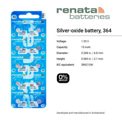 Renata 364 SR621SW Batteries - 1.55V Silver Oxide 364 Watch Battery (20 Count)