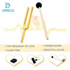 DRELD 528 Hz Tuning Forks For Healing, DNA Repair Healing Tuner Sound Healing Musical Instrument with Cleaning Cloth and Silicone Hammer, Golden