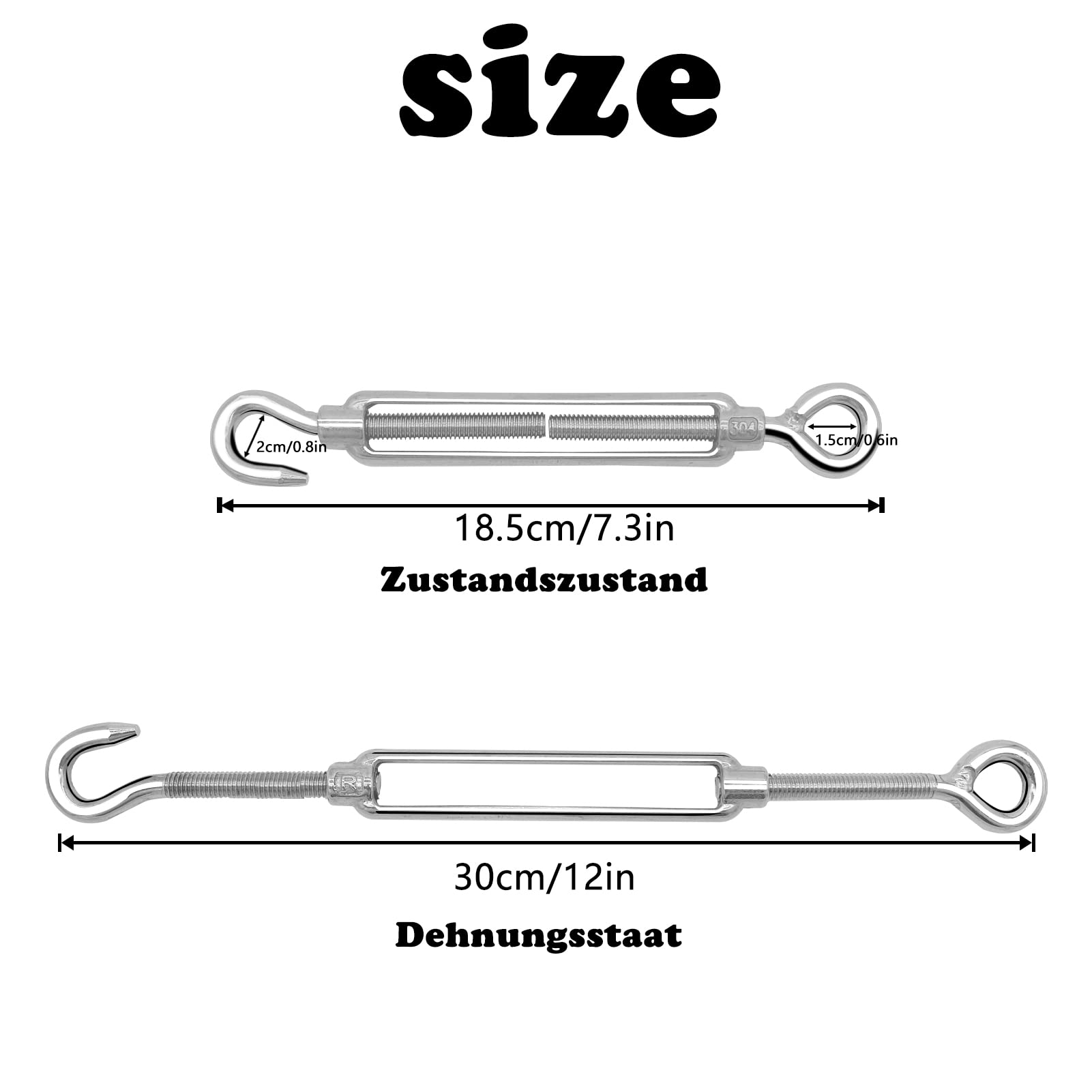 Rainmae 2 Packs M8 Turnbuckle Wire Tensioner,304 Stainless Steel Adjustable Turnbuckle Hook Rope Cable Tension Set for Heavy Duty Sun Shade Sail Fixing Kit