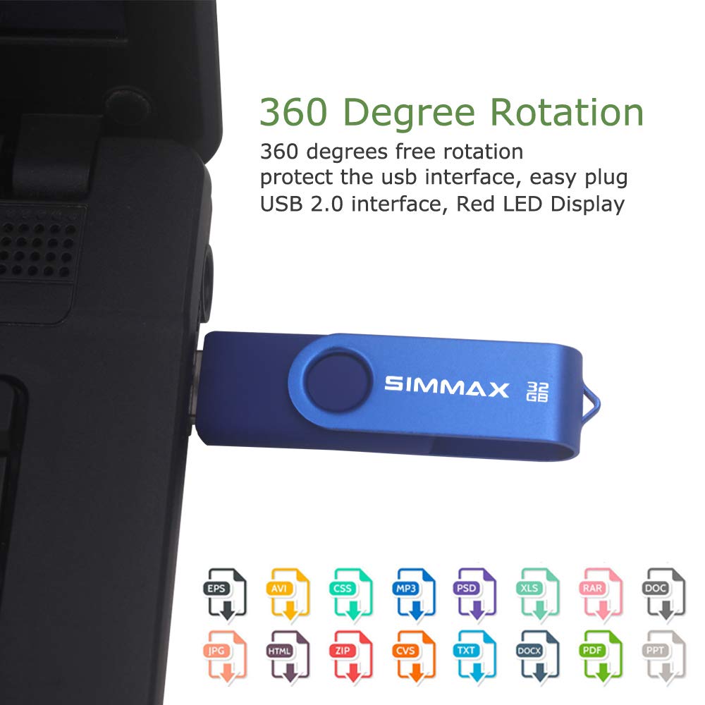 SIMMAX 32GB Memory Stick USB 2.0 Flash Drives Swivel Thumb Drive Pen Drive (32GB Blue)