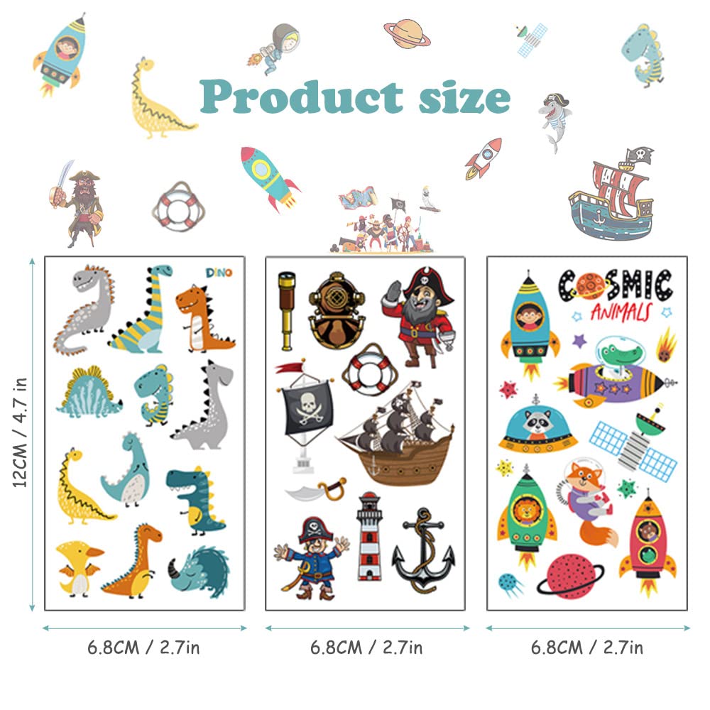 ACWOO Temporary Tattoo for Kids, 30 Sheets Animal Dinosaur & Pirate & Space Cartoon Tattoo, 390and Patterns Mixed Style Temporary Tattoo Stickers, Waterproof Fake Tattoo for Birthday Party Bag Filler