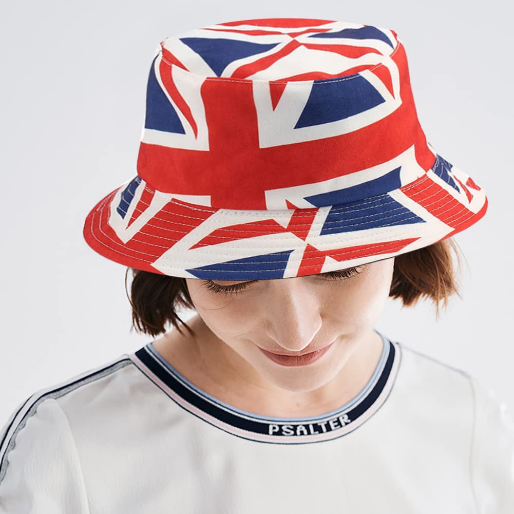 Malaxlx Large GB Great Britain Union Jack Flag Print Bucket Hat Beach Sun Hat Festival Fishing Hat for Women, Reversible Double-Side Wear