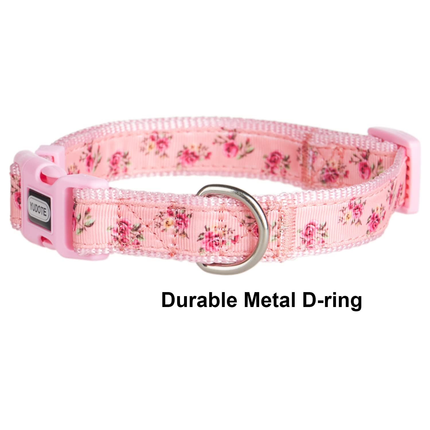 YUDOTE Adjustable Pink Nylon Dog Collar Small with Floral Patterned Ribbon for Puppies Active Female Dogs Neck 25-38cm