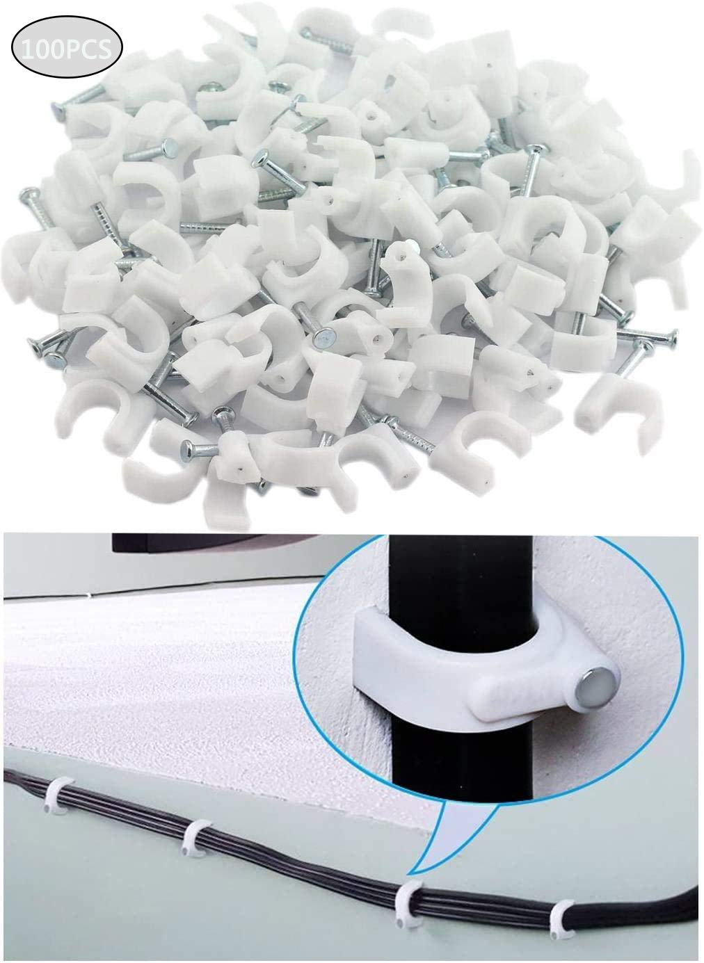 Round Cable Clips, 7mm Electrical Cable Wall Clip - Nail Clips Cable Management, 100Pcs Steel Nails Tacks Holder for Organizing Electric Wires Cables Line TV (White)