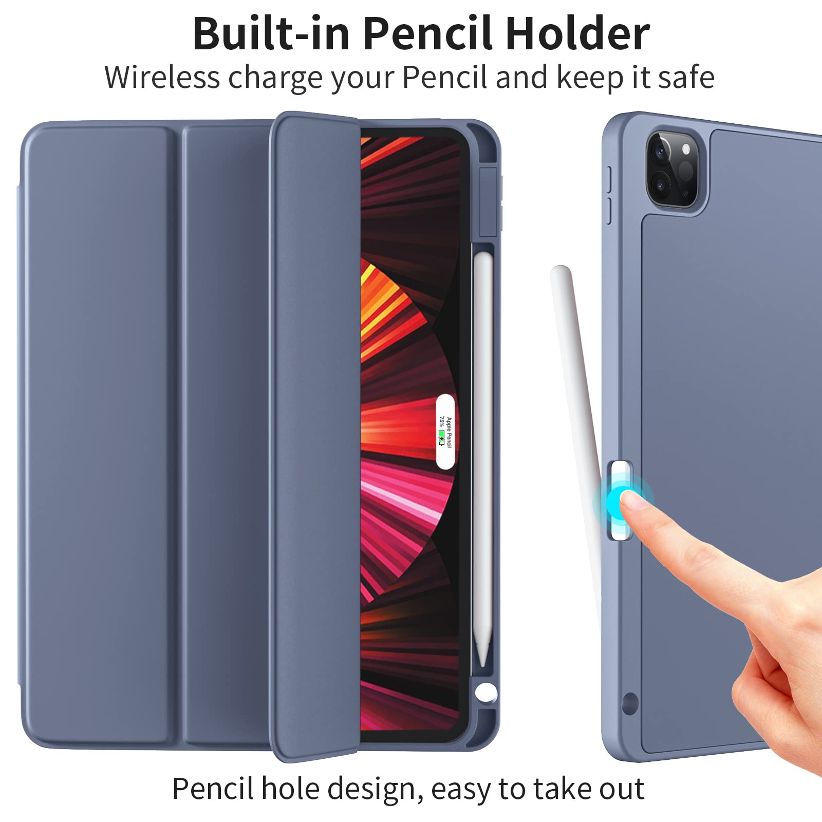 Vobafe Case Compatible with iPad Pro 11 Inch Case 2022/2021/2020/2018, TPU Flexible Back Cover with Pencil Holder, Auto Wake/Sleep, Support Pencil 2 Wireless Charging, Blue Grey