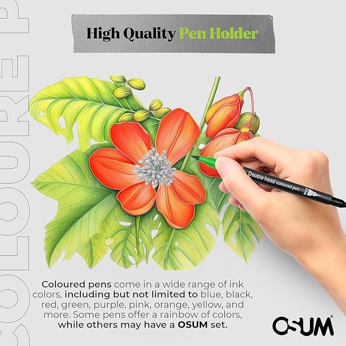 OSUM Colouring Pens wallet of 24   Felt fine tip Pens and Fineliners   Coloured Pens, Dual tip brush pens Art Supllies for Colouring Painting Sketching Highlighting