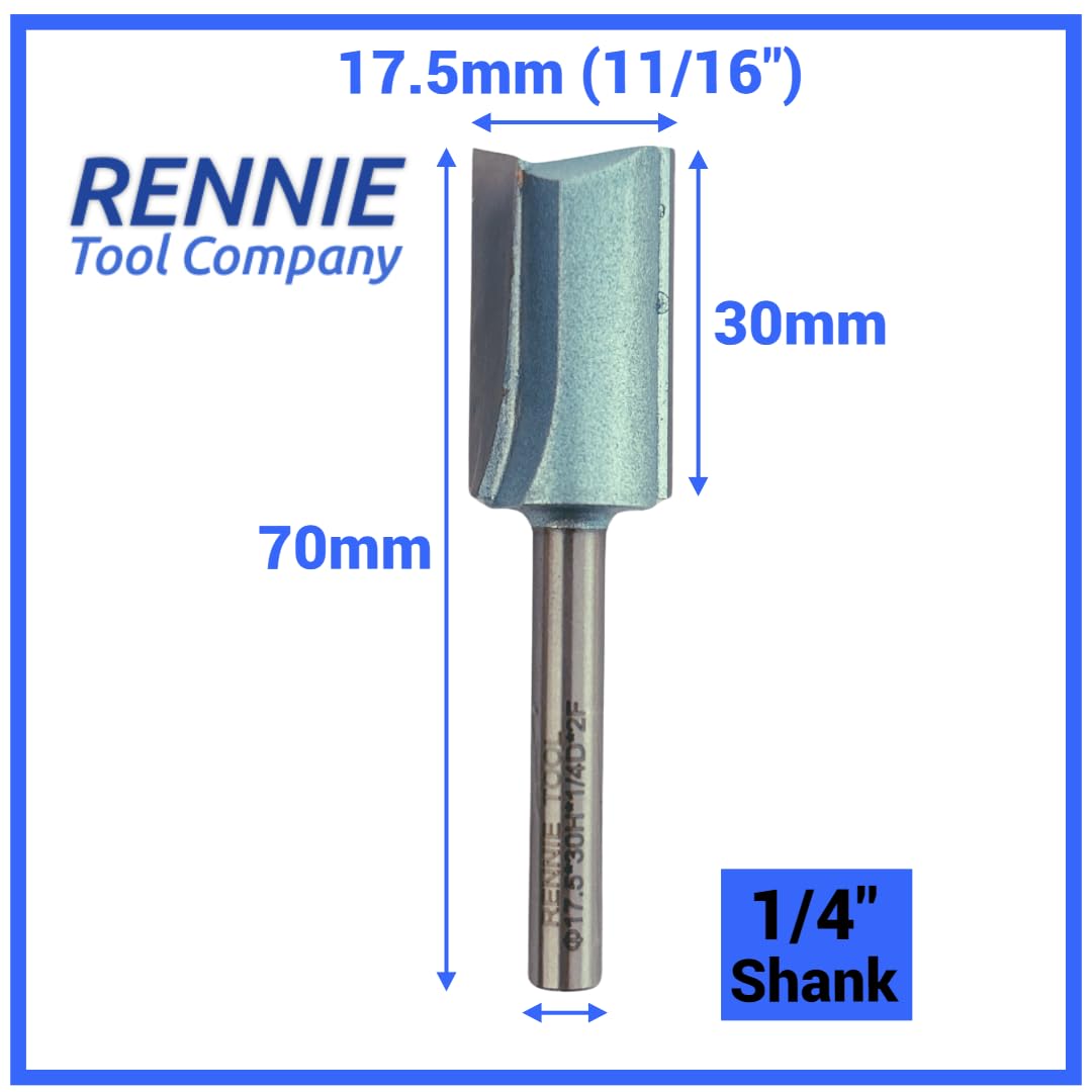 Rennie Tools - 17.5mm (11/16 inches) Cutting Diameter x 30mm Flute x 1/4 inches Shank TCT Tipped 2 Flute Straight Router Cutter Bit. Compatible With Makita Bosch Trend Katsu Dewalt Router Etc. 17.5mm Router Bit