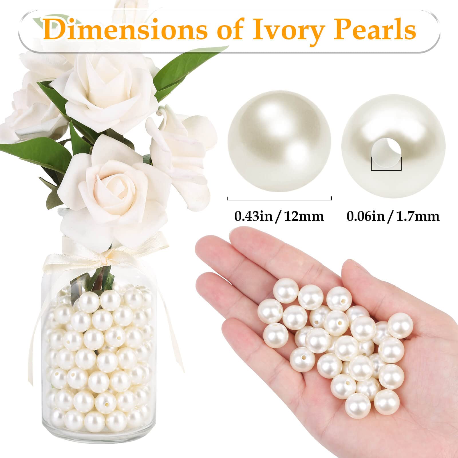 Pearl Beads for Craft, Anezus 200pcs Ivory Faux Fake Pearls, 12 MM Sew on Pearl Beads with Holes for Jewelry Making, Bracelets, Necklaces, Hairs, Crafts, Decoration and Vase Filler