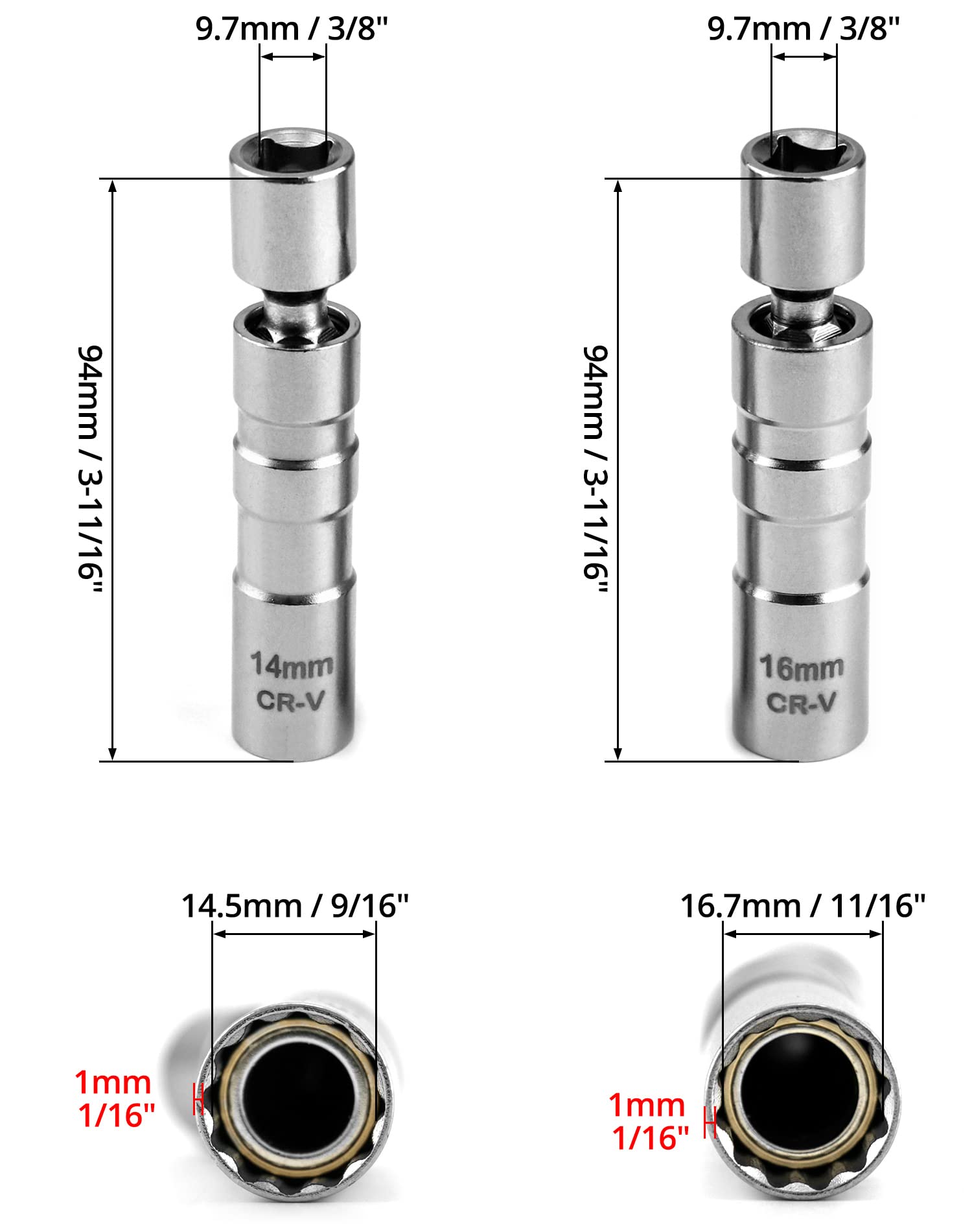 QWORK® 2Pcs Thin Wall Spark Plug Socket, 3/8 Inch 12-Point Universal Joint Magnetic Swivel Spark Plug Socket Spark Plug Removal Tool (14mm & 16mm)