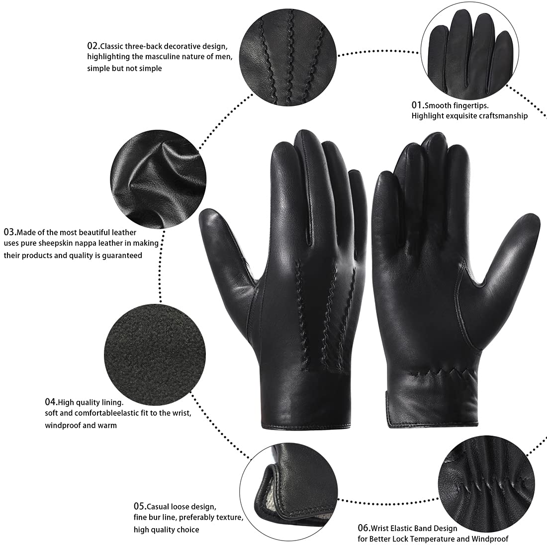 Harssidanzar Mens Goatskin Leather Gloves Fleece Lined,Black, XL