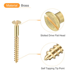 sourcing map Brass Wood Screws, 50Pcs M3 x 30mm Slotted Drive Flat Head Self Tapping Screw Countersunk for Woodworking Furniture