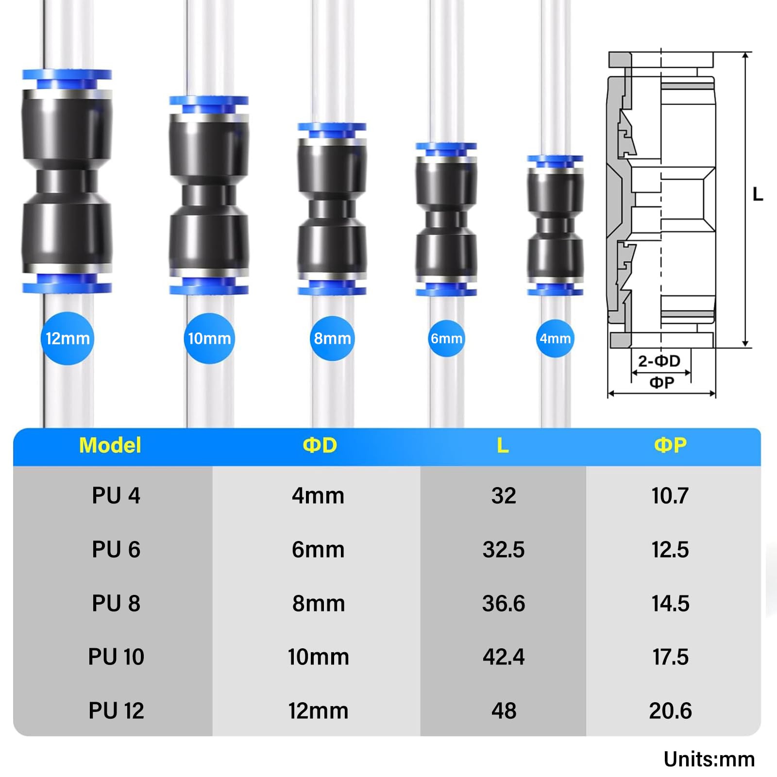 TAILONZ PNEUMATIC Straight 2 Ways - 4mm Tube OD Push to Connect Tube Quick Fittings Push Lock PU-4 (Pack of 10)